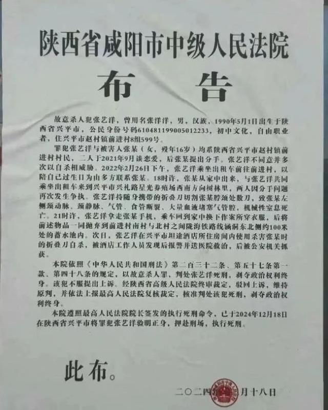 男艺人张艺洋杀害16岁女友被枪决