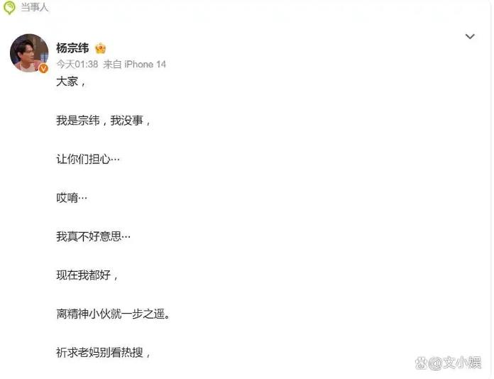 杨宗纬报平安:离精神小伙一步之遥